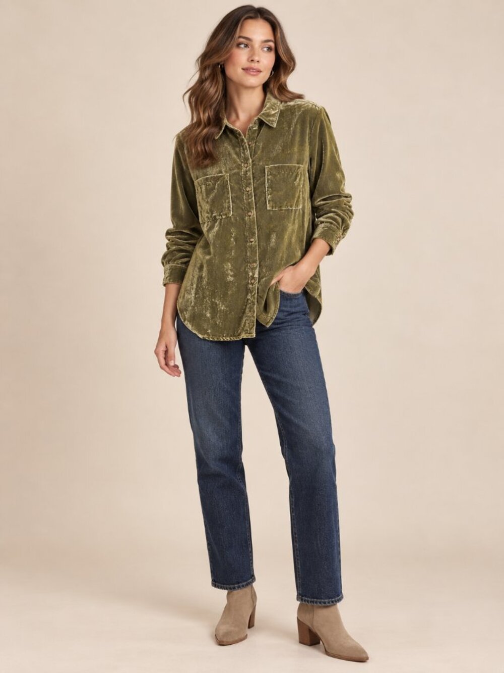 Maeve Anthropologie Olive Velvet Button Down Shirt Jacket Size 2